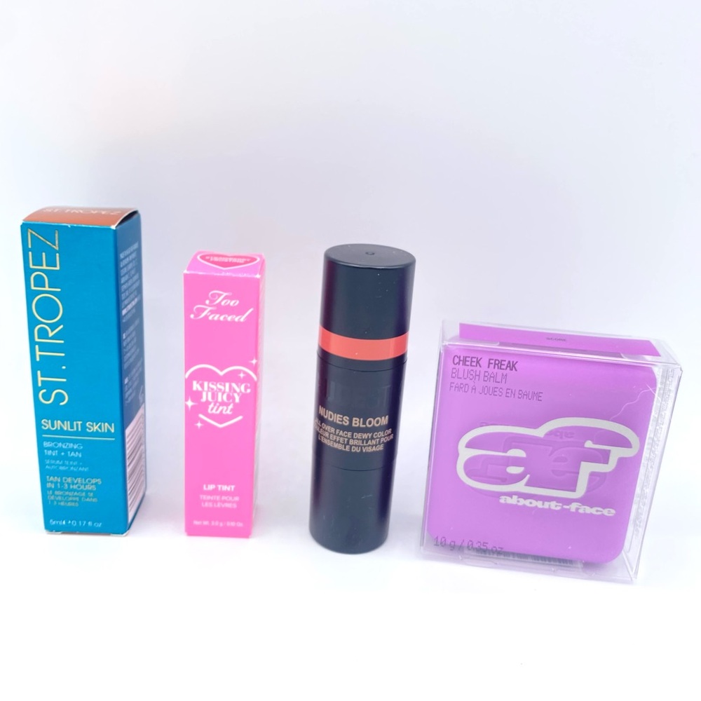 NEW 4 Travel Size Assorted Lip Tint, Self Tanner, & Blush Nudies Bloom Too Faced